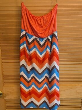 Chevron Strapless Dress in Coral, Blue, White & Brown